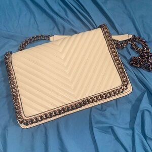 Nude crossbody faux leather bag with rose gold chain